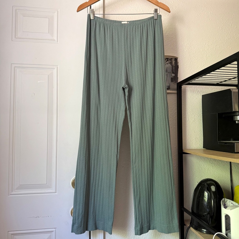 DONNI. seafoam green pointelle cotton rib ribbed wide straight leg pull on pants